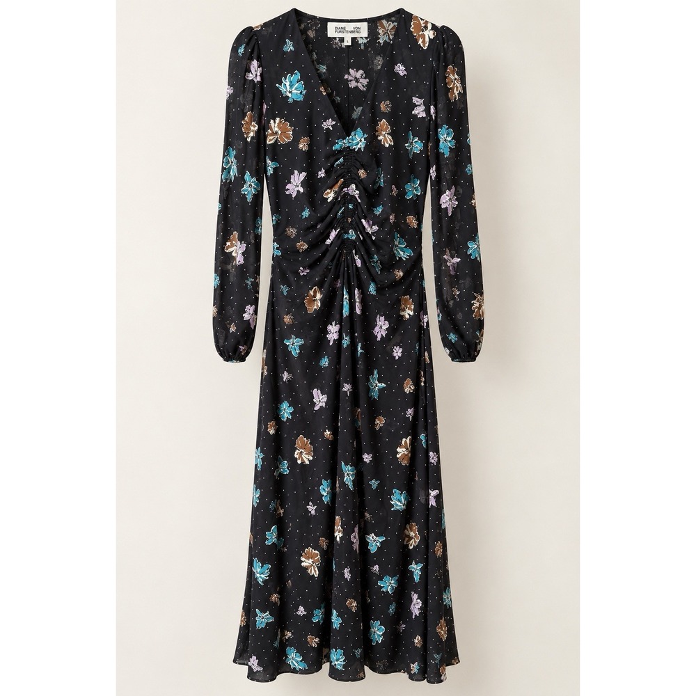 Diane von Furstenberg DVF Vanessa Maxi Dress S Black Floral Ruched NWT $428